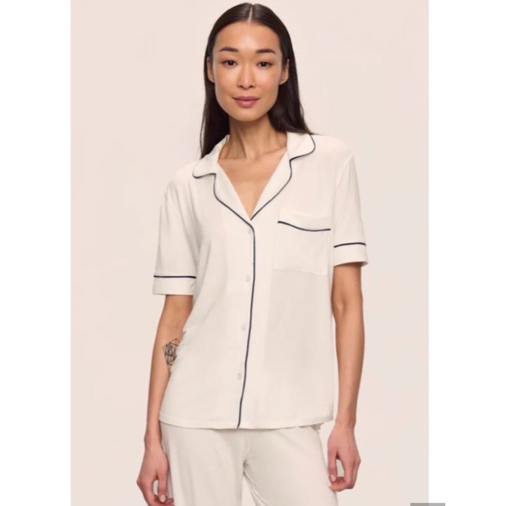Eberjey Gisele Tencel Modal Short Sleeve Pajama Top Medium White Navy Piping